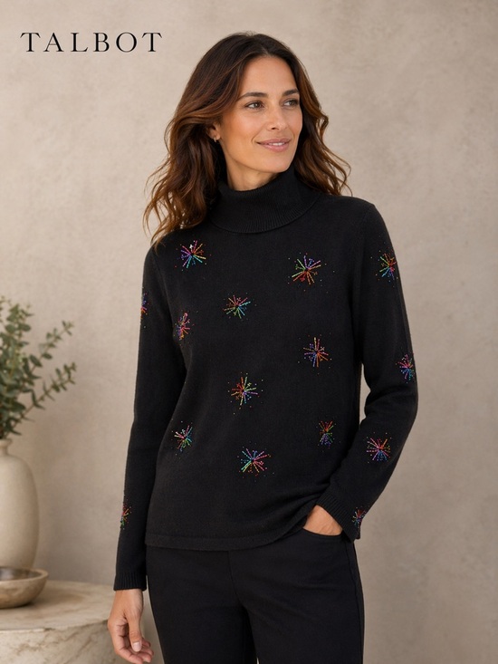 Talbots Sweaters - Talbots vintage Black Sweater with Embroidered Multicolor Detail  med‎